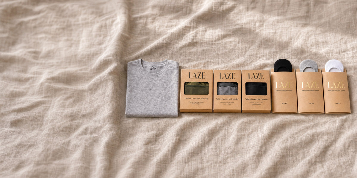 Laze Inner Serenity essentials: kraft boxes, sock packs and a grey tee on linen